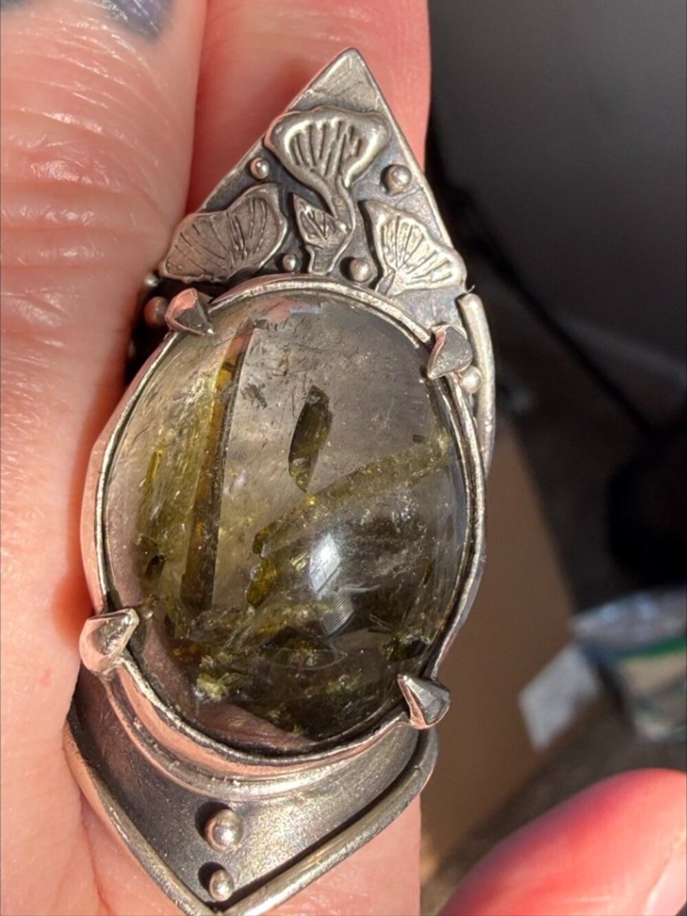Acid Queen OOAK Botanical Shield Ring Green Tourmalated Quartz Silver Size 8.5